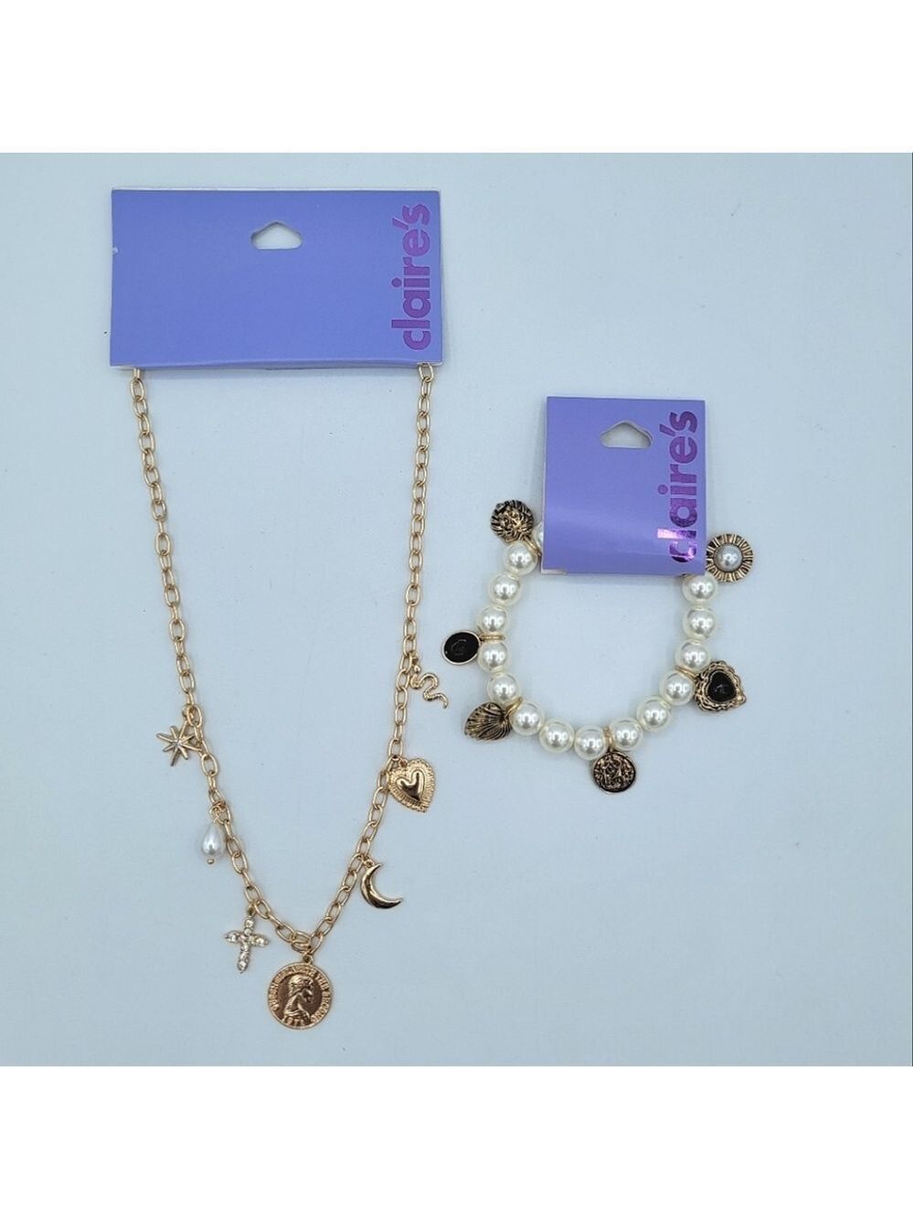 Claire's Gold Charm Necklace & Bracelet Set NEW #0004